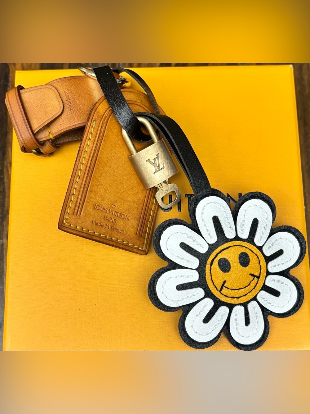 Louis Vuitton Leather Luggage Tag, Brass Lock/Key Flower Daisy Bag Charm 8 in